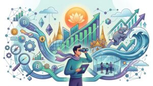 Футуристический пейзаж Бангкока с цифровыми графиками роста криптовалют для анализа трендов БитХамстер Аналитика